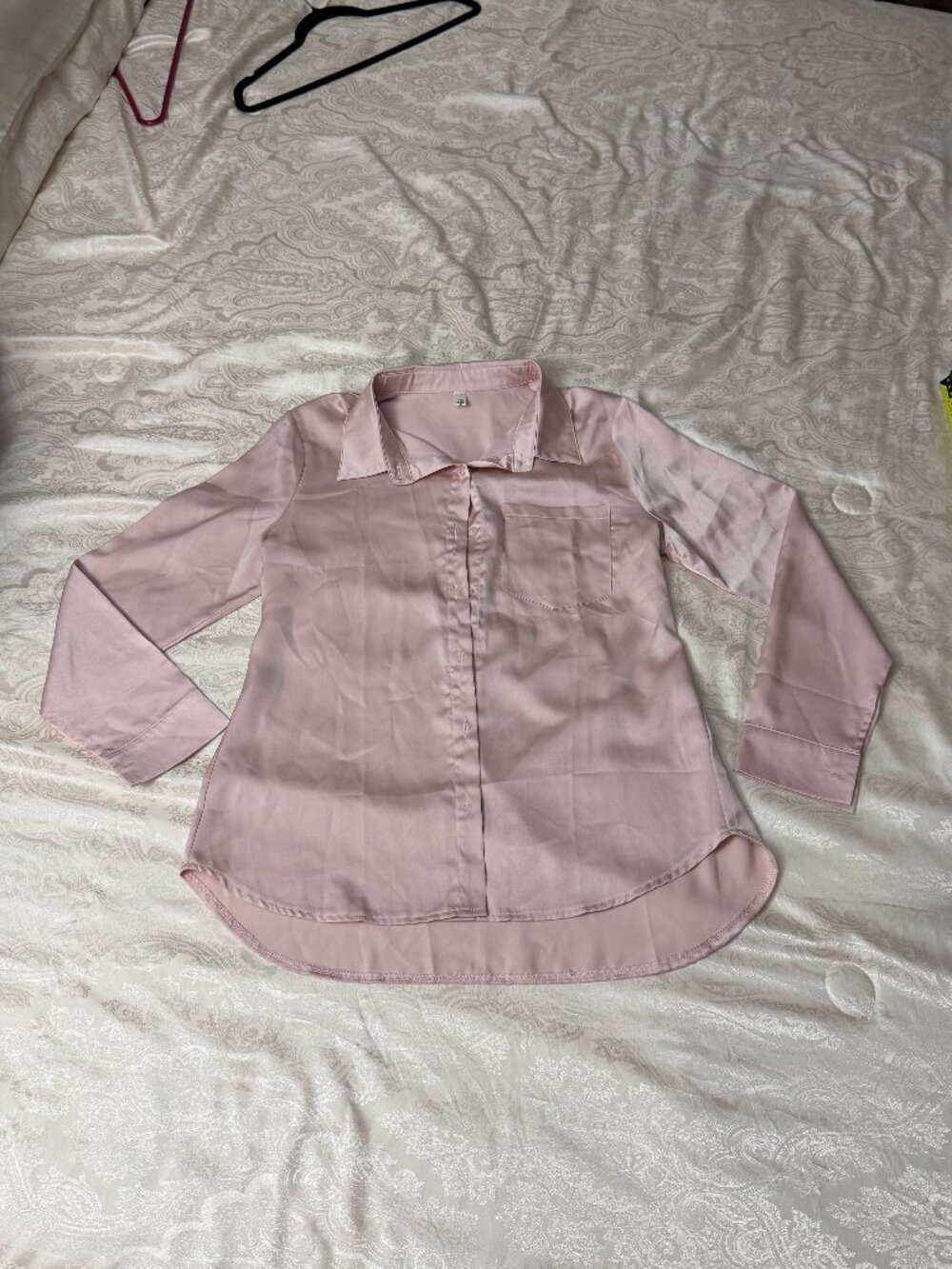 Blush Pink Satin Button Down Long Sleeve Blouse Relaxed Fit Size Small